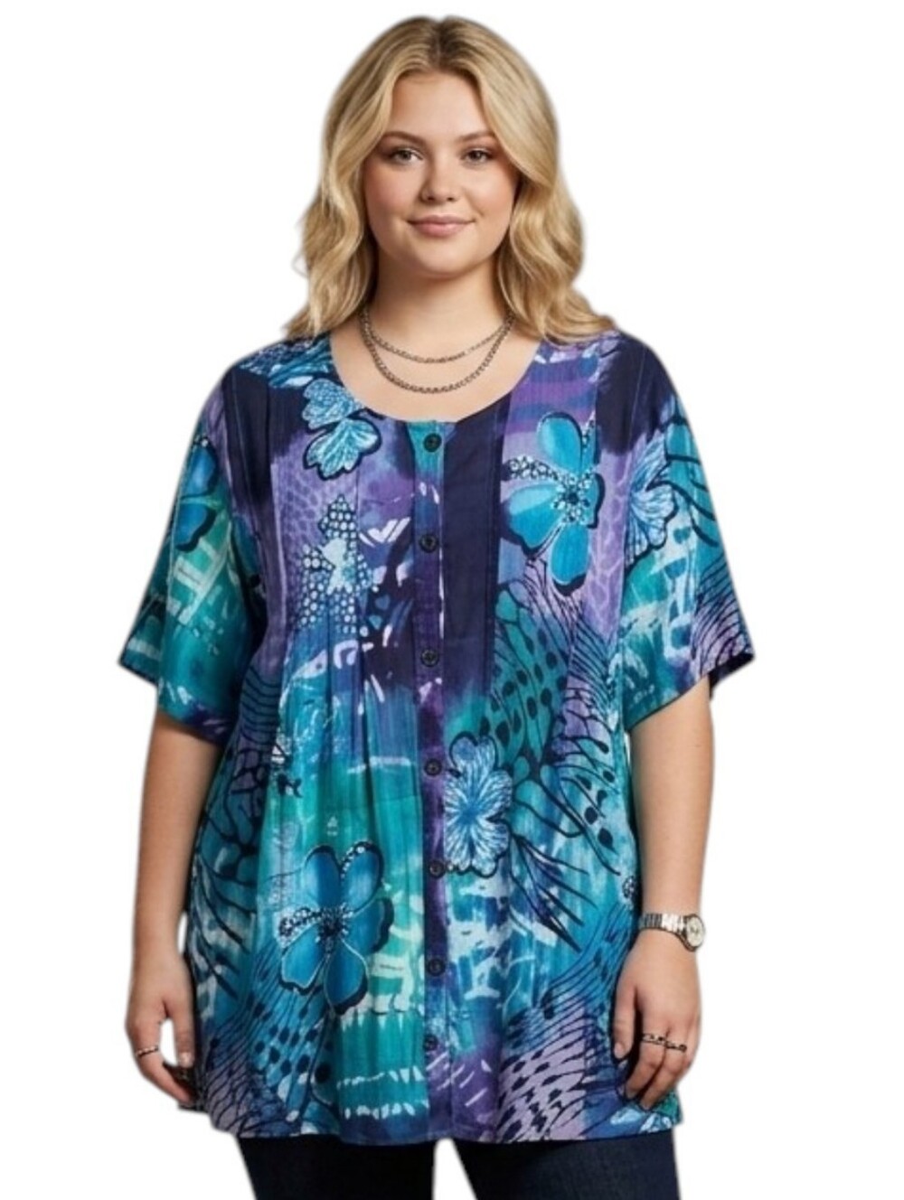 Roaman's Top Button-Up 1X Floral Plus Size Abstract Tropical Floral Batik Print